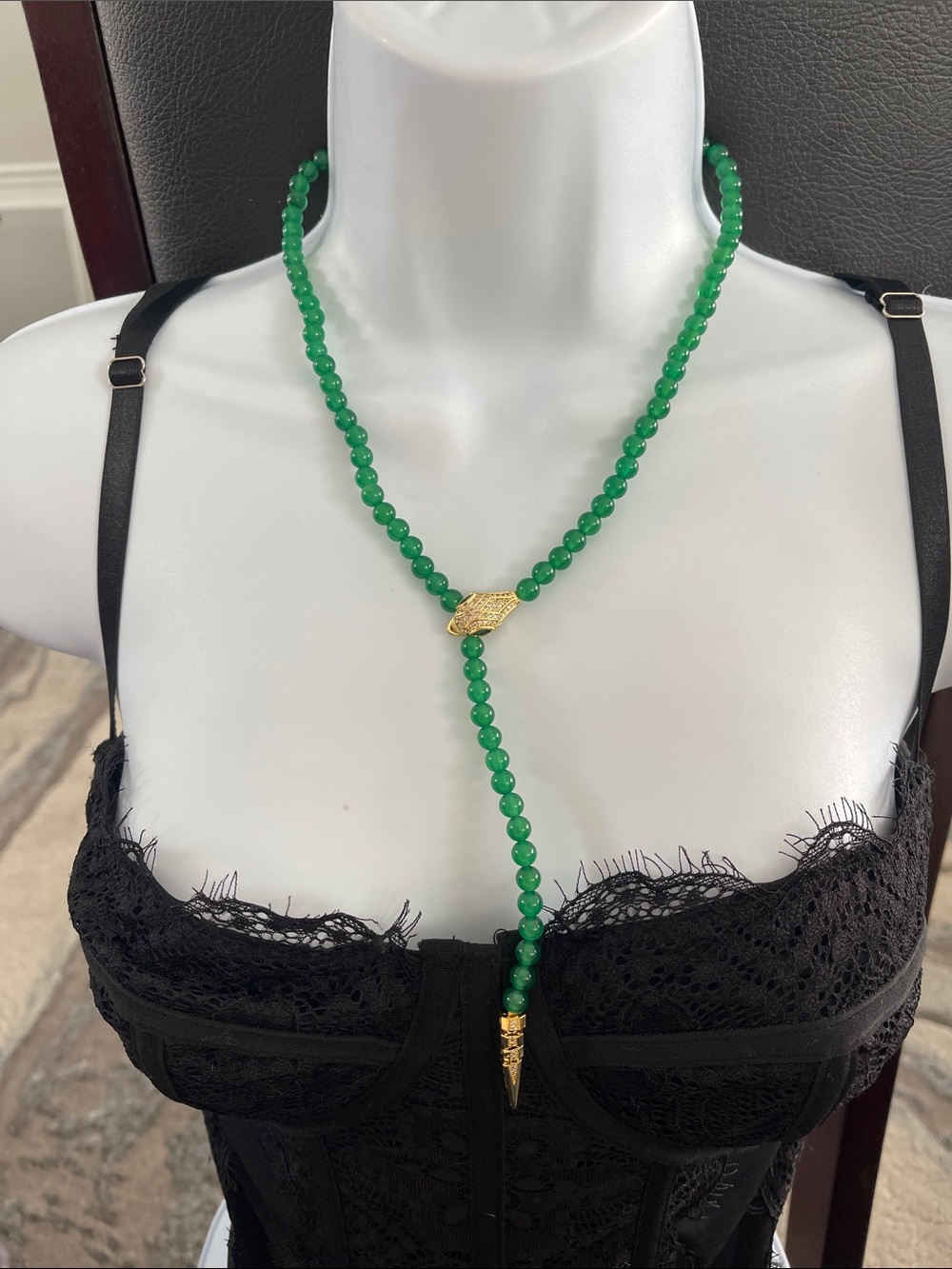 Green Jade 6mm Lariat Necklace wt Gold plated snake adjustable to any size